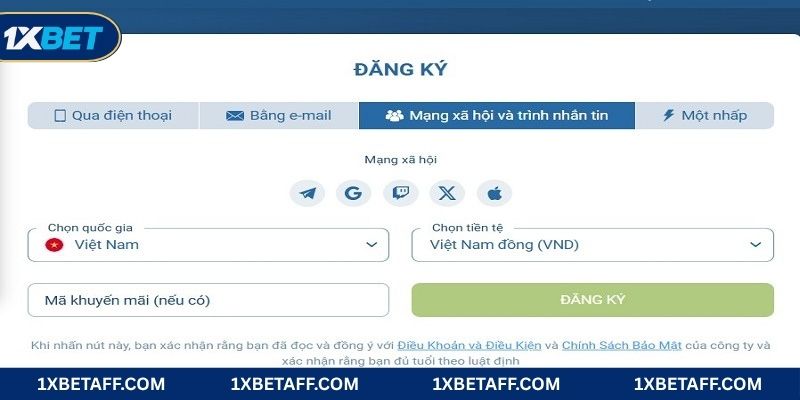 Đăng ký 1XBET qua mạng xã hội và trình tin nhắn